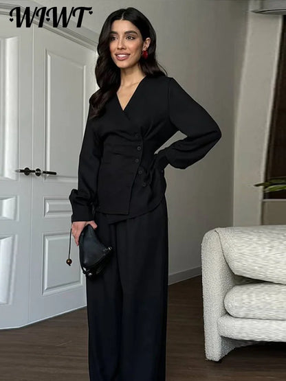 🍒Smart casual side button shirt for women shirt jacket flannel and wide leg pants matching set single-breasted outfit slim waist v-neck full sleeve top and trouser co ord No Flannel Fashion Flannel
