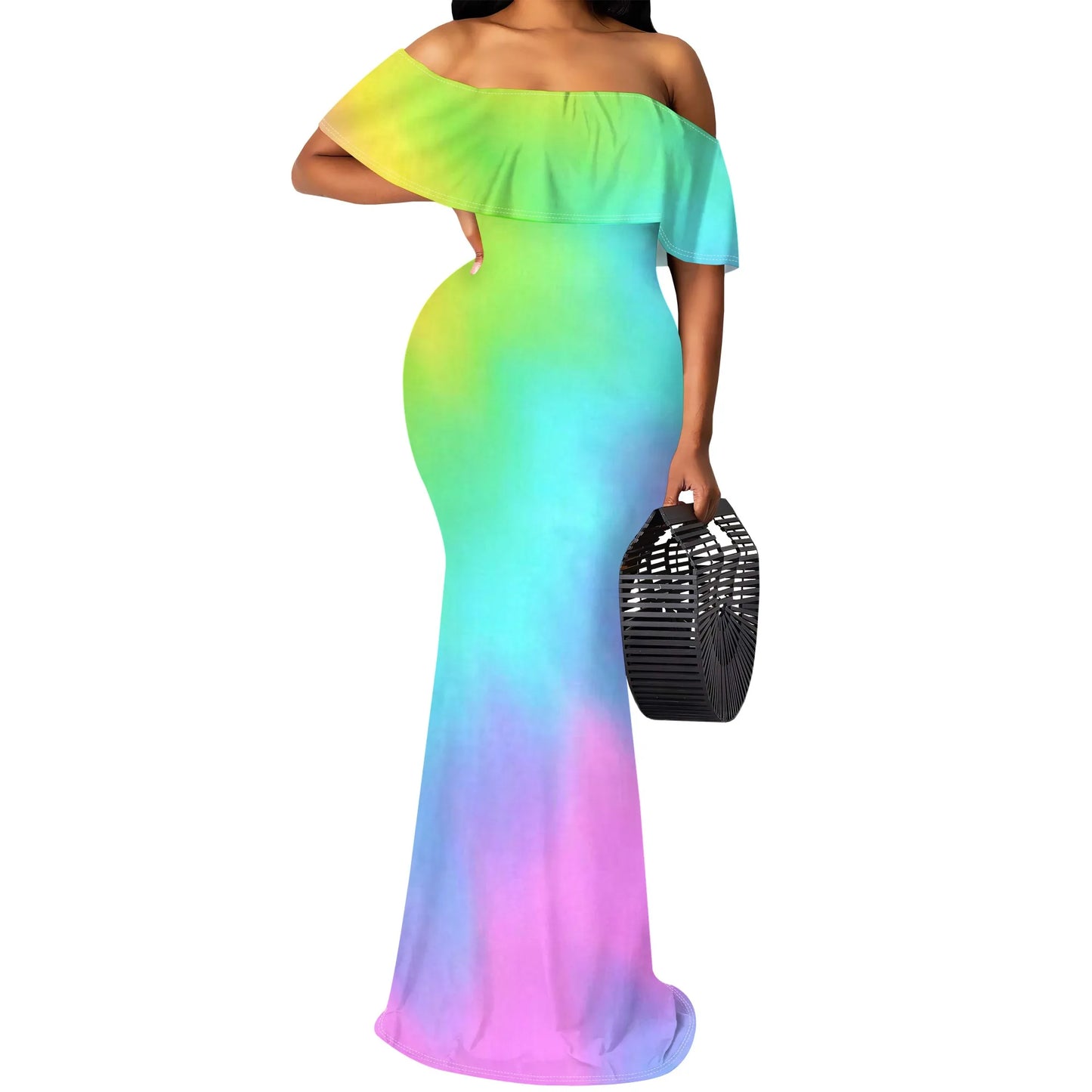 🍒Off shoulder maxi dress gradient color outfit summer party occasion clothing women’s summer wear bodycon beachwear S-3XL Colour Confident Contour