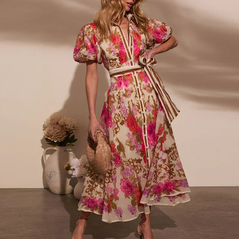 🍒Floral Print Bohemian dress summer party chic outfit button up womens evening party wear Long maxi outfits elegant single breasted shirts dress