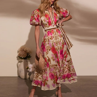 🍒Floral Print Bohemian dress summer party chic outfit button up womens evening party wear Long maxi outfits elegant single breasted shirts dress