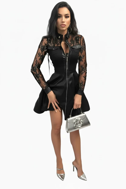 🍒Pu leather dress for women  lace mesh sleeve mixed media fashion party dress mini elegant stand neck collar a-line outfit Pretty Plaid Pu