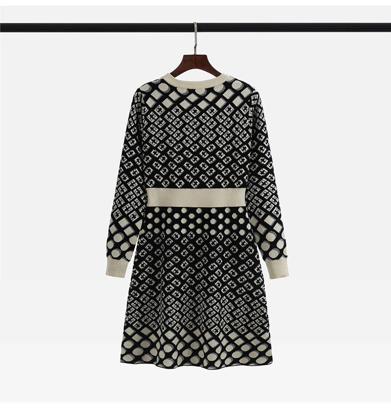 🍒Vintage knitted dress long sleeve mini o-neck autumn/winter Jacquard a-line outfits slim fit smart casual womens clothing breathable viscose Value Vintage