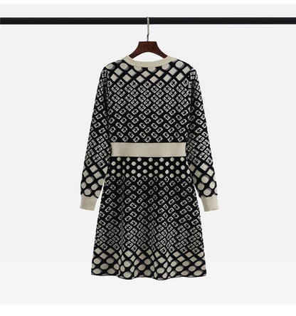 🍒Vintage knitted dress long sleeve mini o-neck autumn/winter Jacquard a-line outfits slim fit smart casual womens clothing breathable viscose Value Vintage