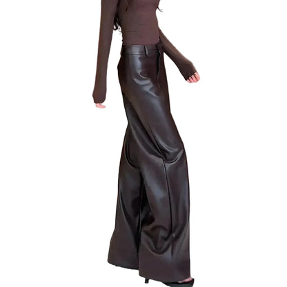 🍒High waist pu leather pants deep brown smart casual women floor length boot cut leather trousers occasion party wear clothing CUT out the chase for a BOOT boost
