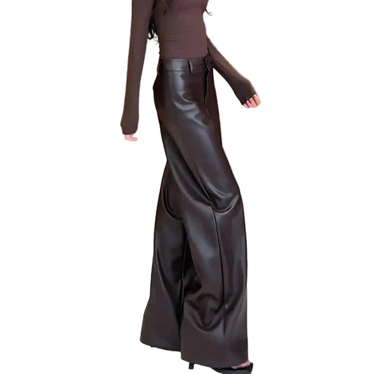 🍒High waist pu leather pants deep brown smart casual women floor length boot cut leather trousers occasion party wear clothing CUT out the chase for a BOOT boost