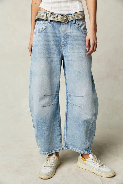 🍒Loose mid waist Jeans bleached denim style full length pants fashion solid colour trousers with pockets casual wear for women Barrels Of Style