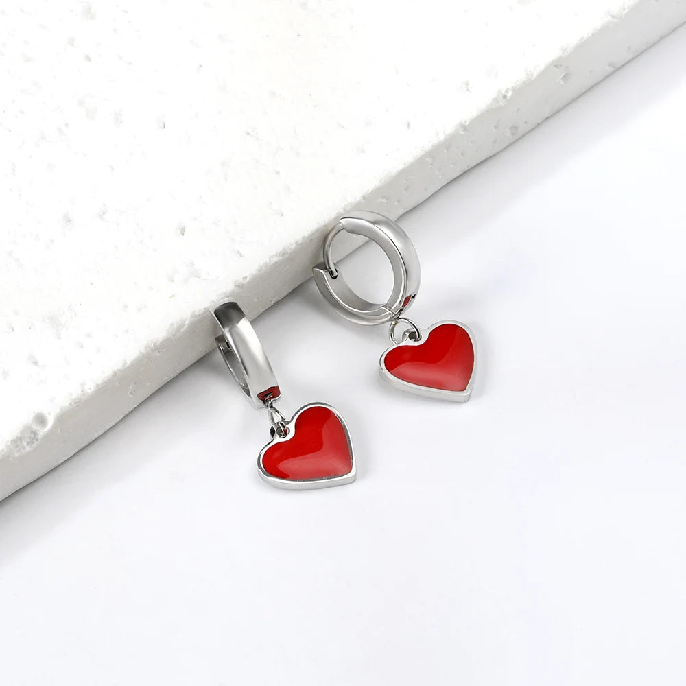 🍒 Stainless Steel Hoop Earrings enamel love heart Women Oil Drip jewelry Blue Black Red dangle drop earrings Always Love Drops