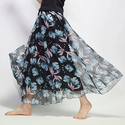 🍒Vintage bohemian long skirt full elegant chiffon fashion beach wear smart casual women high waist maxi skirt outfit summer Clothing Fill Your Basket With Roses
