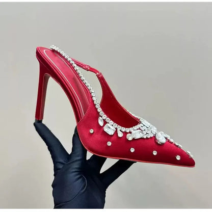 🍒Diamond satin slingback heels womens pointed toe pumps elegant stiletto high heels occasion shoes wedding party dress shoes 'Whine In Your Wines