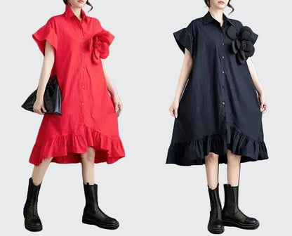 🍒Summer loose dress artistic high low ruffle trim outfit with 3D flower cotton blend office smart casual women mid-length a-Line Don’t Get Ruffled Pick A Flower And Ease lnto Summer
