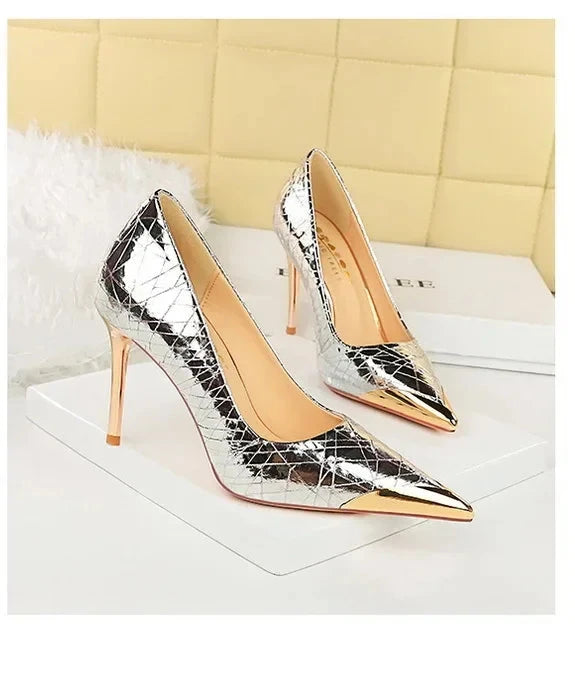 🍒Metalic high heel pumps for women elegant party stillettoe thin heels shoes for occasions party wear footwear GOLDen TIP PUMP Up Your Fashion Volume