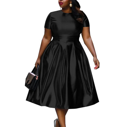 🍒A-line shiny dress metallic short sleeve midi for women plus size outfit fit and flare elastic dress smart casual clothing Summer Stunner