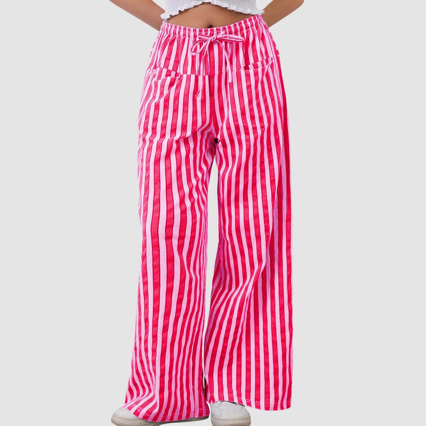 🍒Stripe wide leg pants high waist ealstic trousers drawstring wide leg baggy bottoms womens casual high street clothing with pocket Get slouchy In Stripy Slacks