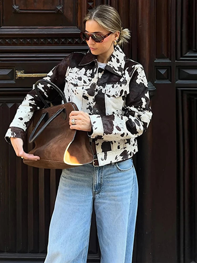 🍒Women's cow print Jacket with lapel collar short zipper coat for smart casual female outerwear  Warm    Milk (it) A Cow