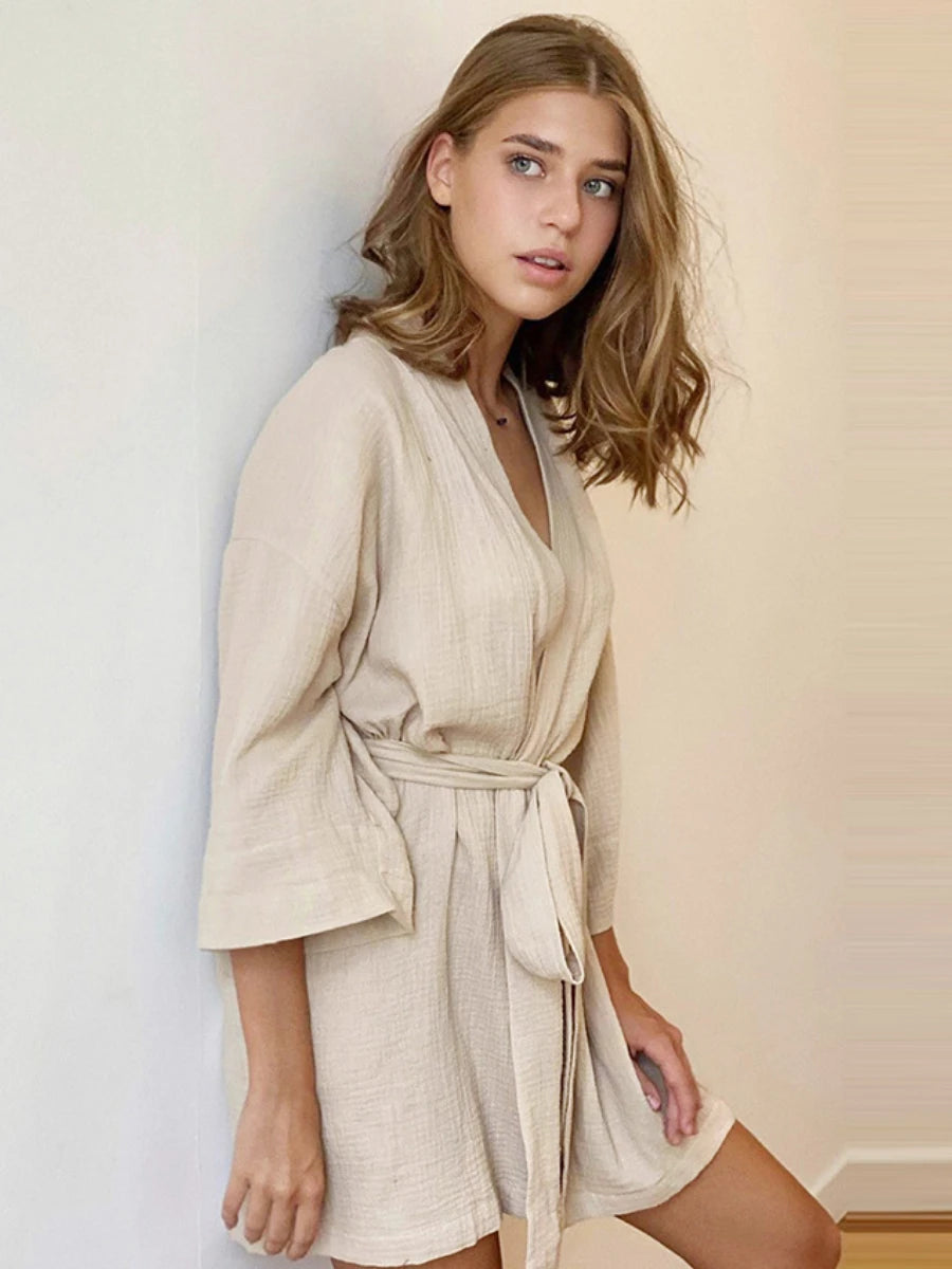 🍒Cotton short dressing gown womens solid colour bathrobe short sleeve loose nightwear casual female nightgown Get Wrapped Up In A Shortie