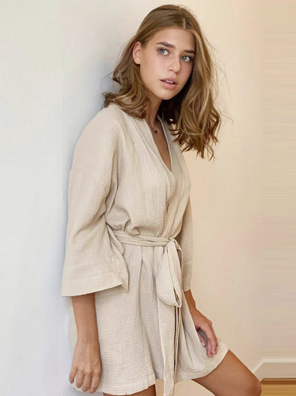 🍒Cotton short dressing gown womens solid colour bathrobe short sleeve loose nightwear casual female nightgown Get Wrapped Up In A Shortie