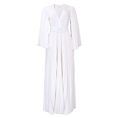 🍒 Dinner party dress V-neck design pleated womens fashion wear elegant maxi oufit with belt long sleeve fashion occasion wear party wear Com-PLEATly Flared Affair