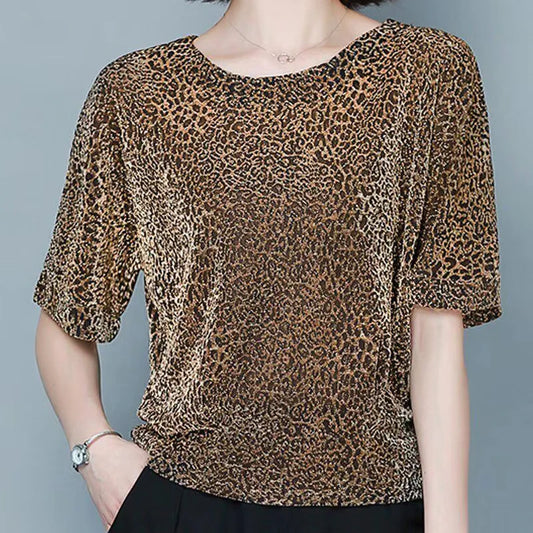 🍒Short sleeve womens blouses o-neck shirt smart casual women leopard print party top with elasticated waist office shirts Simple Vintage style clothing Simple Style Statement