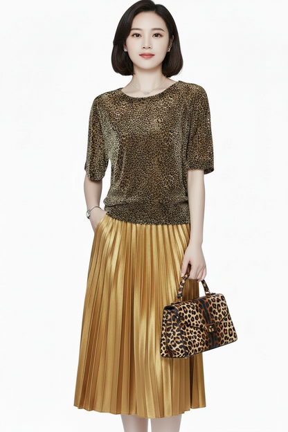 🍒Short sleeve womens blouses o-neck shirt smart casual women leopard print party top with elasticated waist office shirts Simple Vintage style clothing Simple Style Statement