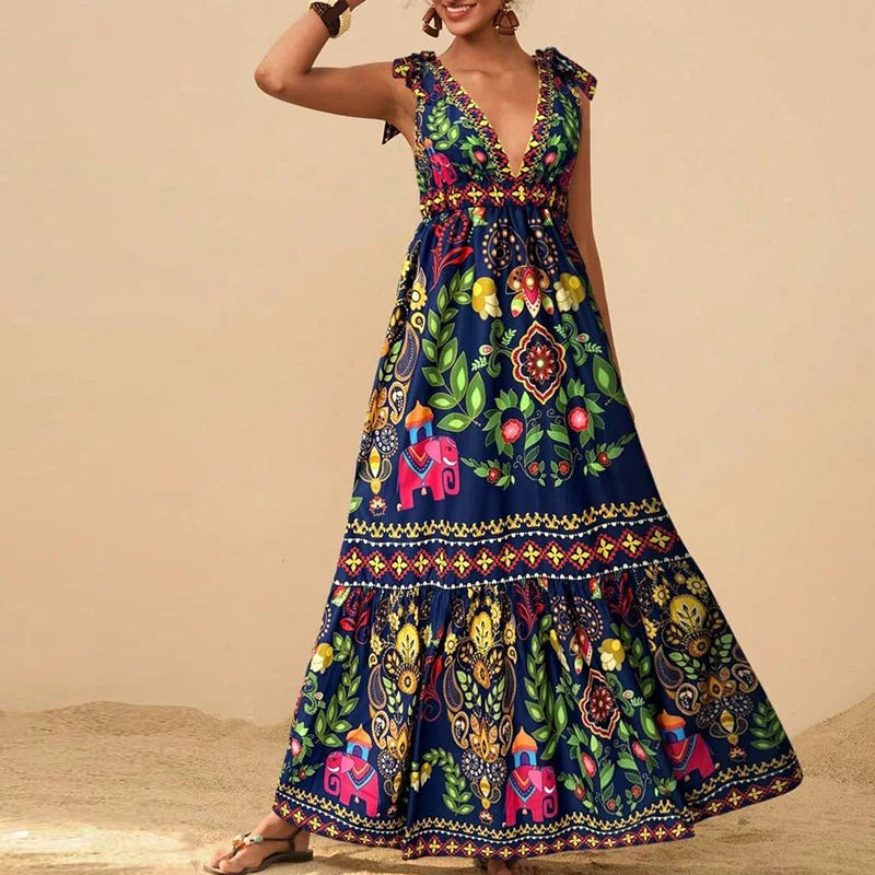 🍒Print sleeveless outfit swing dress v-neck women maxi high waist fashion holidays summer wear beach wear Shore Thang