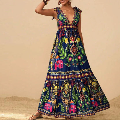 🍒Print sleeveless outfit swing dress v-neck women maxi high waist fashion holidays summer wear beach wear Shore Thang