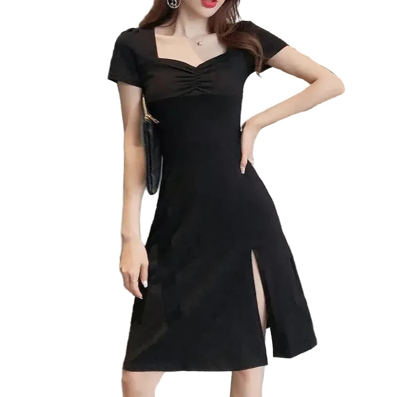 🍒black dresses midi fashion trendy Y2k aesthetic summer wear sweet heart kneck outfit evening party wear smart casual women clothing Be A Sweet Heart To Yourself And Buy This