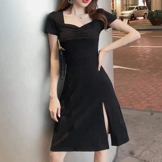 🍒black dresses midi fashion trendy Y2k aesthetic summer wear sweet heart kneck outfit evening party wear smart casual women clothing Be A Sweet Heart To Yourself And Buy This