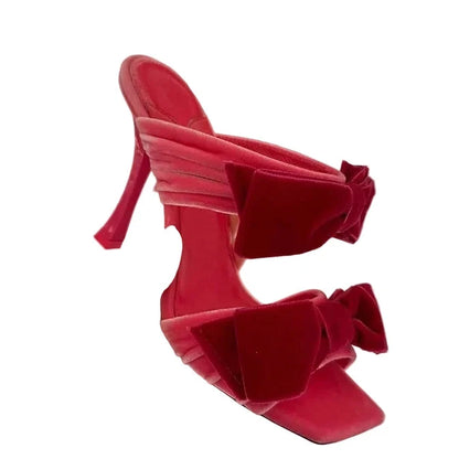 🍒Bow high heel sandals women's open shoes with square toe fashion smart casual footwear party occasion slippers sugar pink velvet pile sandals open toe Stiletto evening heels Bring Out Yor Best Bows