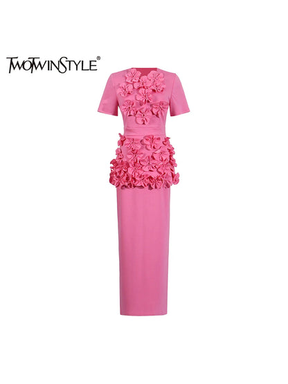 🍒Solid 3D flower two piece set applique outfits for women o-neck short sleeve top and high waist skirt sets feminine clothing fashion wear Blamange in Beauty