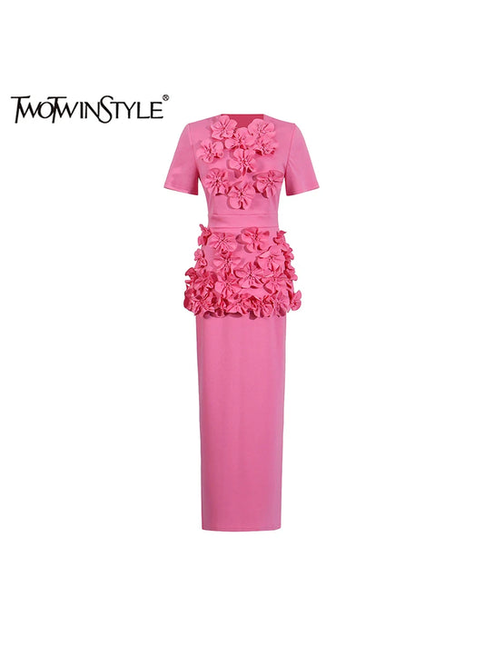 🍒Solid 3D flower two piece set applique outfits for women o-neck short sleeve top and high waist skirt sets feminine clothing fashion wear Blamange in Beauty