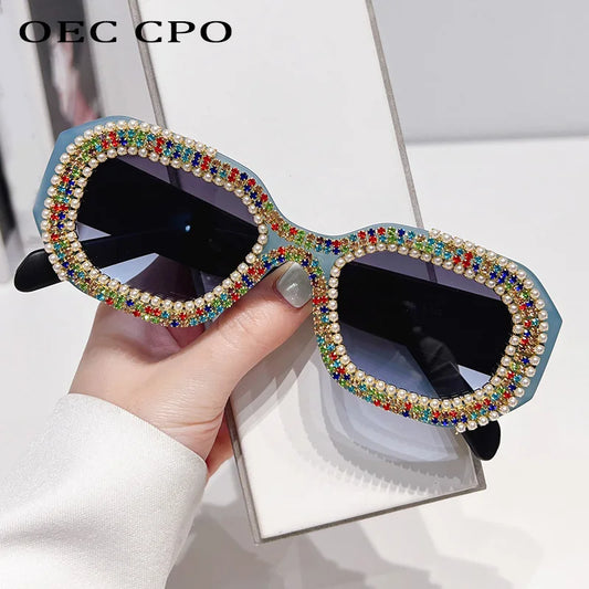 🍒Diamond square sunglasses with pearls women fashion luxury rhinestone trendy shades for women female sun shades polygon eyewear for women uv 400 protection Have Your Say In A Pearly Cool Way