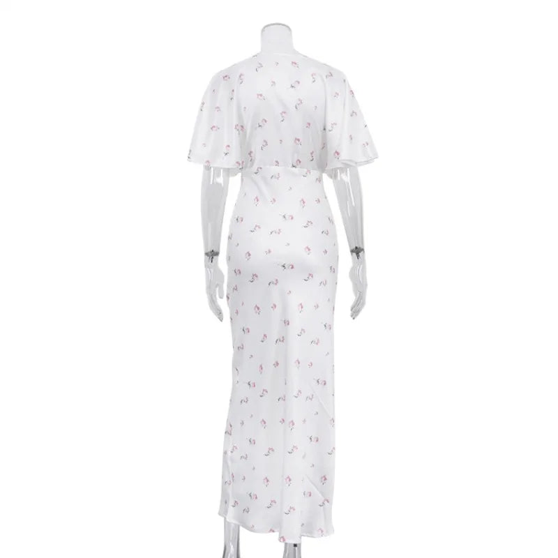 🍒White floral satin maxi dress for women casual or occasion wedding guest beach vacation outfit flower printed v-neck dress womens fashion slim fit waist short butterfly sleeve long summer wear with short sleeves high waist cute comfy casu-casion