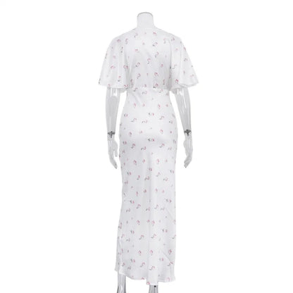 🍒White floral satin maxi dress for women casual or occasion wedding guest beach vacation outfit flower printed v-neck dress womens fashion slim fit waist short butterfly sleeve long summer wear with short sleeves high waist cute comfy casu-casion