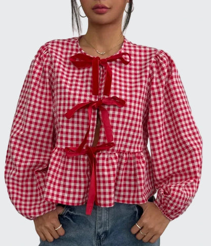 🍒Shirt Women casual blouses spring jacket printed check blouse with bows in front round collar puff sleeve overshirt sweet smart casual female clothes spring Summer wear  Bring Some BOW Beauty And CHECK The Compliments