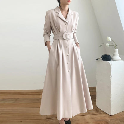 🍒Style blazer dress long sleeve single breasted clothes women light wind coat temperament slim waist long belt outfit Lovely Lapel Look