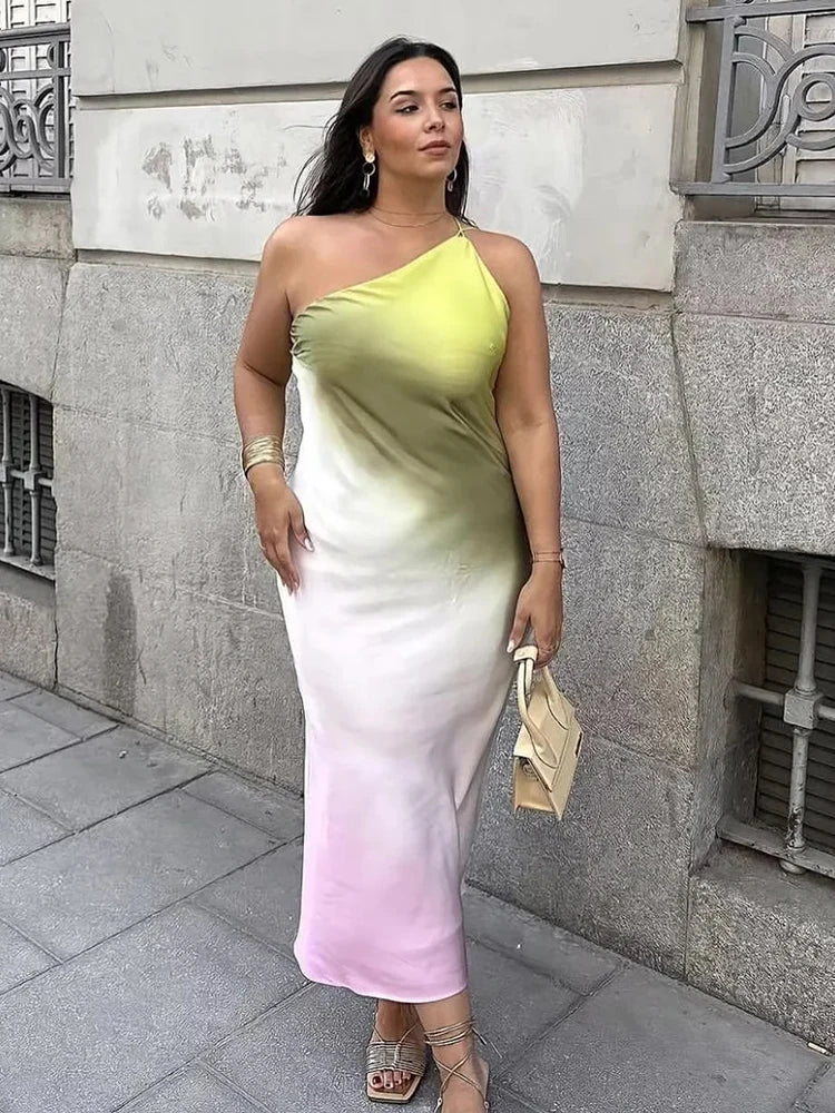 🍒Summer party maxi dress backless satin one shoulder occasion party wear sundress sleeveless print tie-dye outfit Keep A Straight Pose In This Cool Diagonal