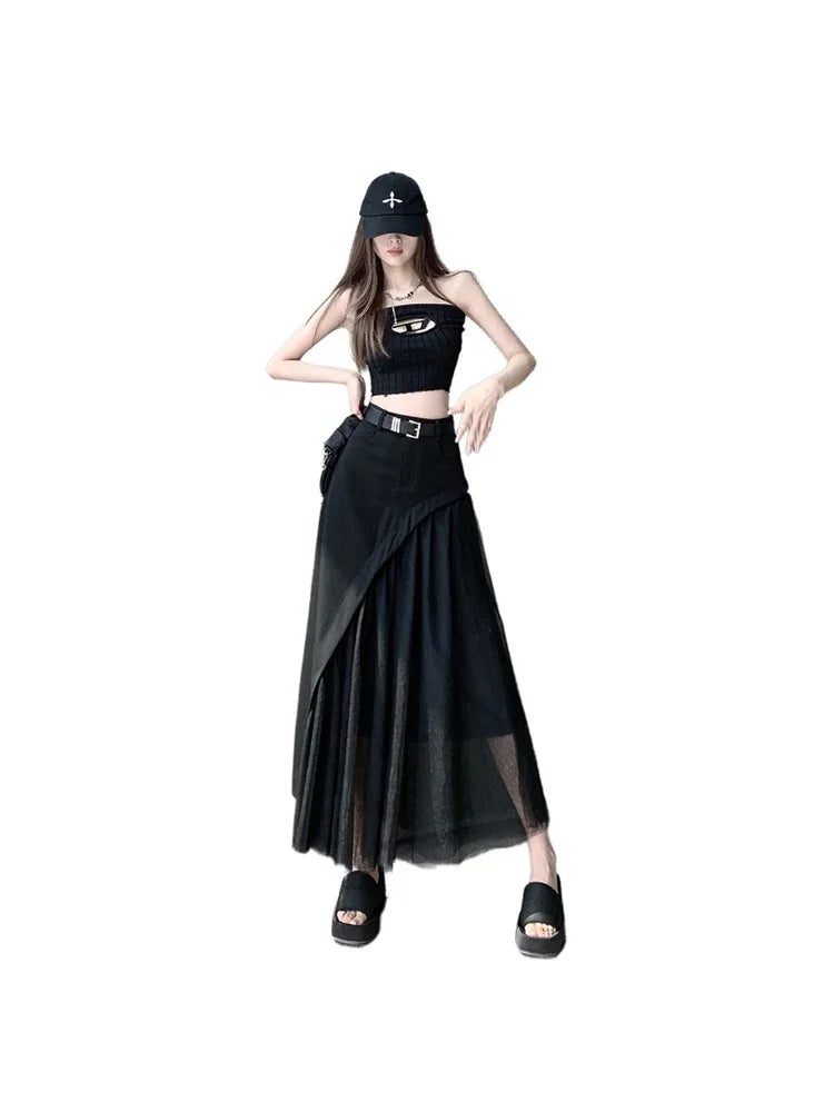 🍒Womens black skirt long smart casual wear vintage a-line skirt Y2k fashion streetwear party occashion clothes Wear Mixed Media A-ffair