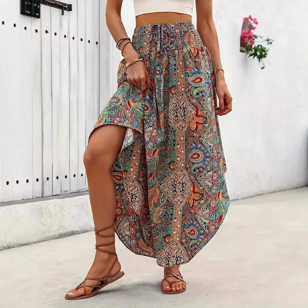 🍒Boho vintage skirt a-line midi floral print clothes fashion wear for women summer wear  High waist Pleated elastic waist Long Skirt casual holiday wear Get A Chiffon And Get A Chevron