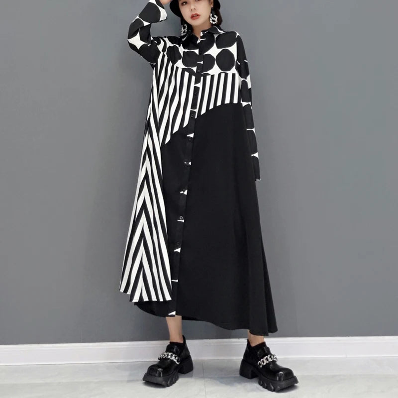 🍒Long sleeve loose fit shirt dress plus size woman black outfit with Dots striped fashion printed large smart casual dresses Spot The Stripes