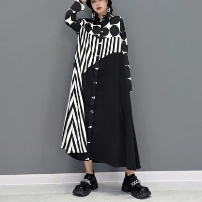 🍒Long sleeve loose fit shirt dress plus size woman black outfit with Dots striped fashion printed large smart casual dresses Spot The Stripes