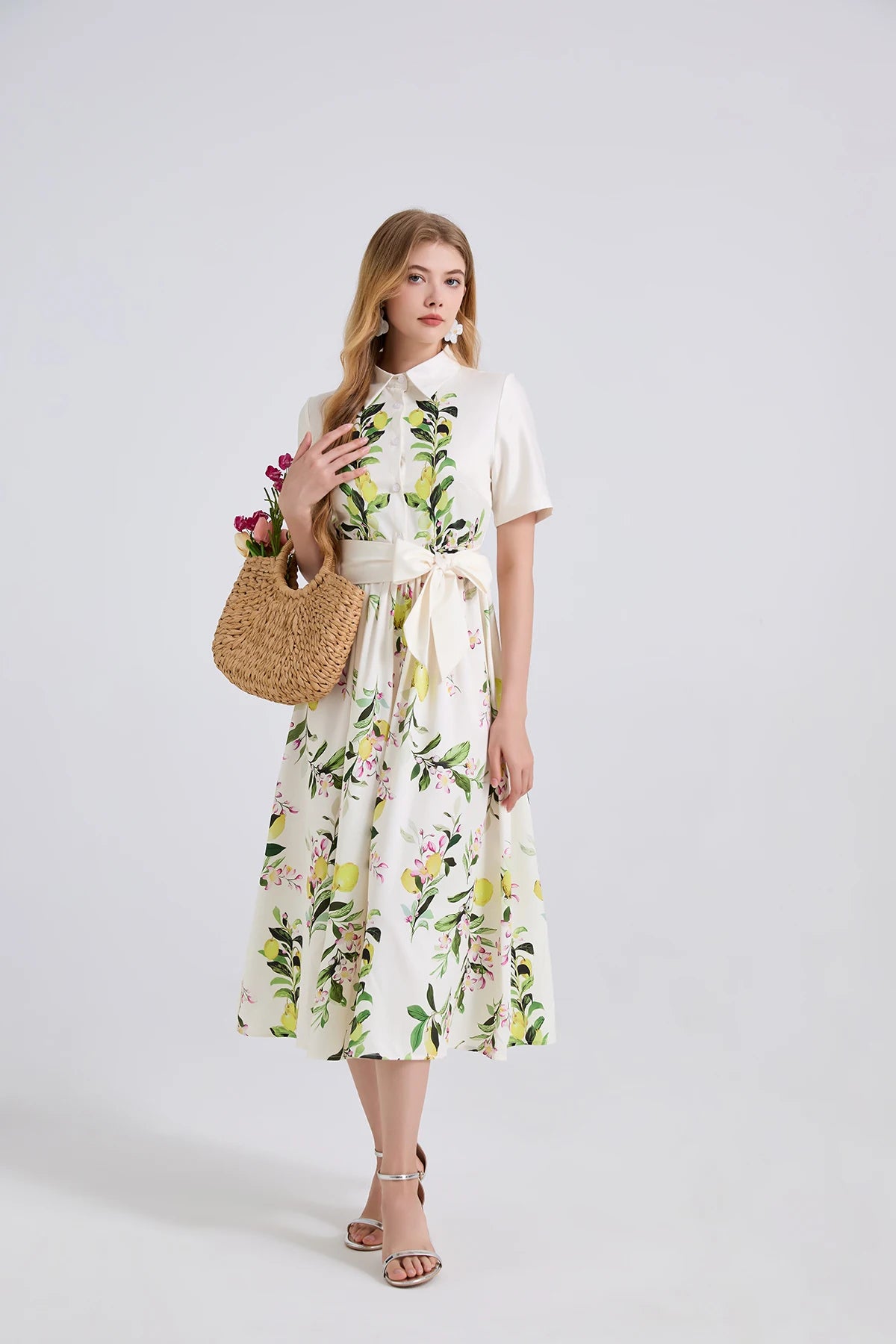 🍒Fashion midi dress shirt summer women bohemian short sleeve floral outfit lemon print sundress belted elegant long dress smart casual clothes