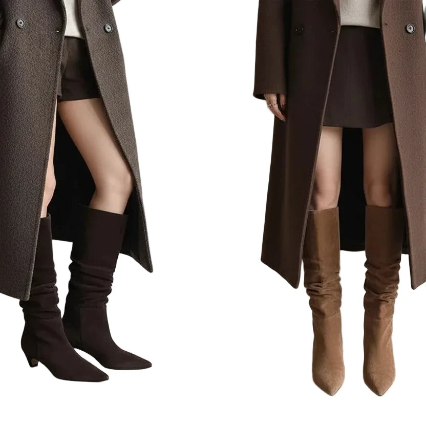 🍒Autumn winter womens footwear cow suede leather heeled boots pointed toe high heel slip-on knee high western footwear No Per-SUEDEing Neccessary