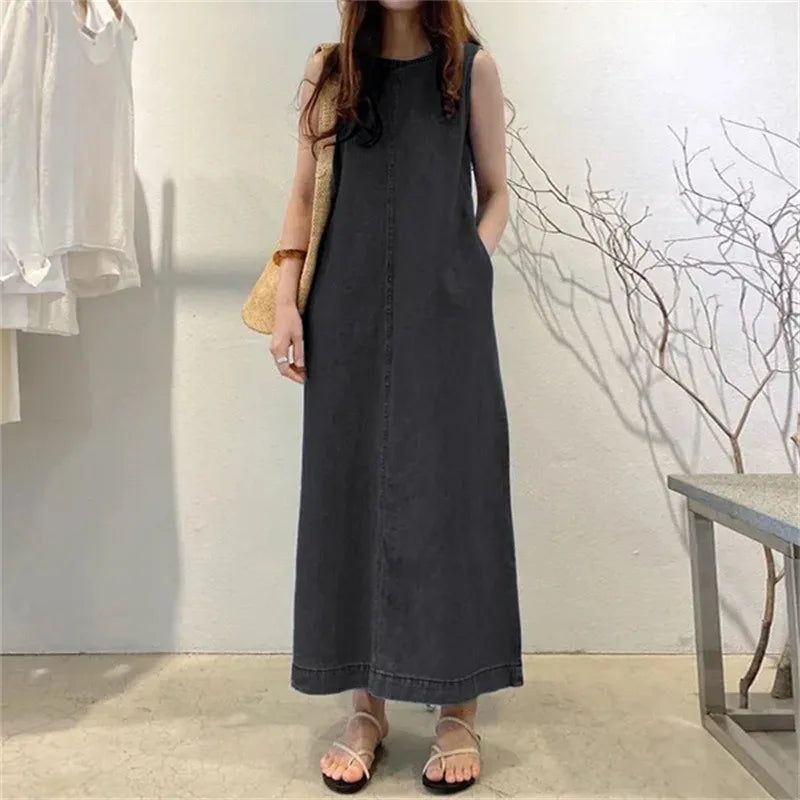 🍒Sleeveless denim long dress for women fashion round neck denim maxi dress outfit a-line with pockets casual wear loose summer clothing