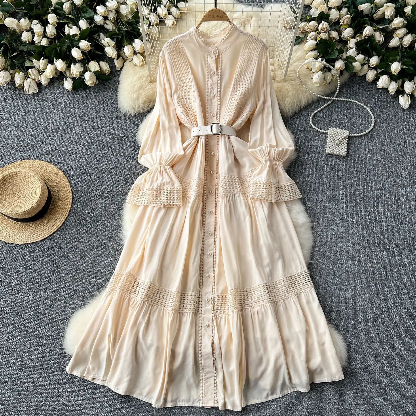 🍒Stand collar maxi dress a-line elegant single breasted smart casual women puff seeve outfit single breasted shirt dresses high waist Y2k fashion vintage style clothimg Get A ComPLEAT Look