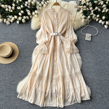 🍒Stand collar maxi dress a-line elegant single breasted smart casual women puff seeve outfit single breasted shirt dresses high waist Y2k fashion vintage style clothimg Get A ComPLEAT Look