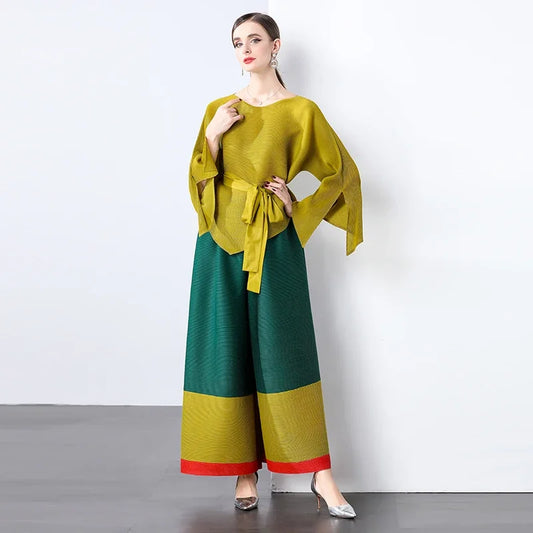🍒Fashion two-piece sets Loose Irregular hem top pleated patchwork top with belt and  wide-Leg matching pants Your Mouth Will Be Wide Open When You Receive This Cherry  please note some colours are not matched to colour just order as you see what you like