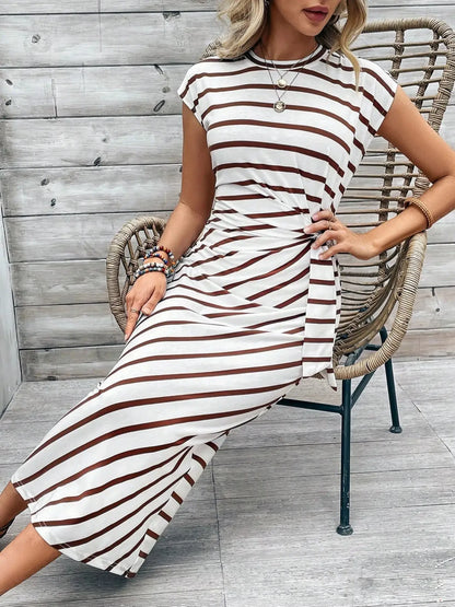 🍒Round neck striped dress long outfits for women summer fashion wear clothing high-end smart casual tie waist  outfit Play Smart And Look Smart In Smart Casual Stripes Sign This Line