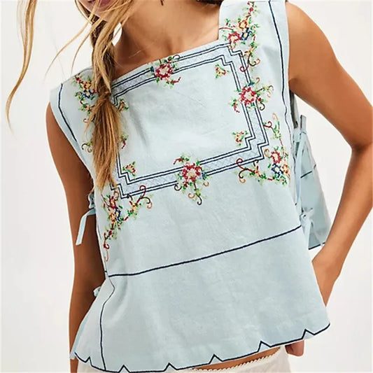 🍒Flower embroidery tank top for women sleeveless square neck vest holiday wear for women feminine summer wear chic streetwear