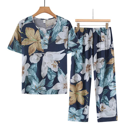 🍒Cotton rayon pajama set short sleeved top cropped and pants set two piece sleep wear for women lounge wear suit holiday clothing beach wear No Care Wear