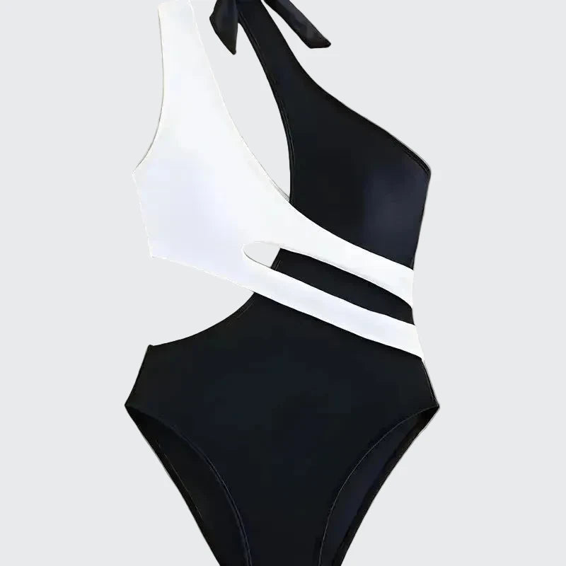 🍒One-piece swimsuit colour block collision single shoulder bathing suit strap design high eastic backless swimwear type european style swimming costume with tie straps  SHOREly CHIC